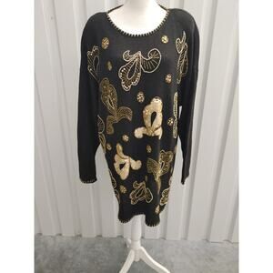 Vintage JK America 90s Sweater Sequin Embellished Black Gold Ramie 18/20